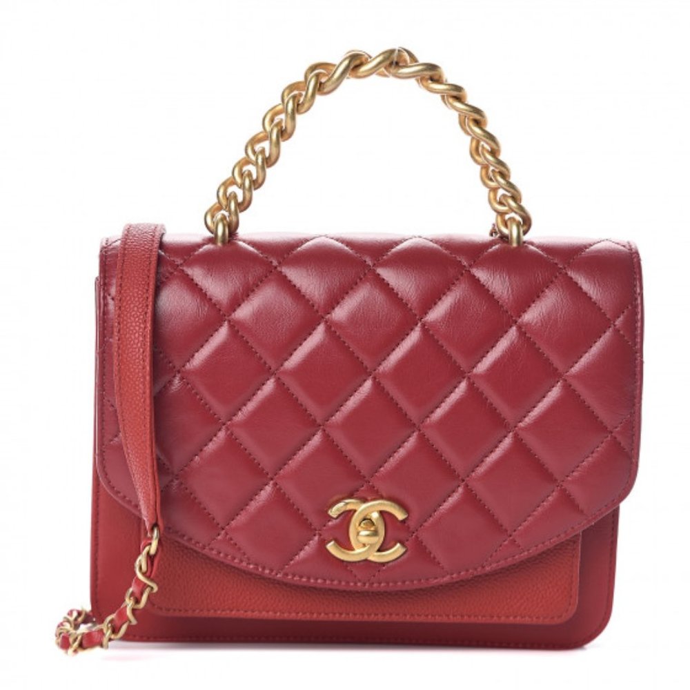 Chanel Calfskin Caviar Top Handle Chain Red Flap